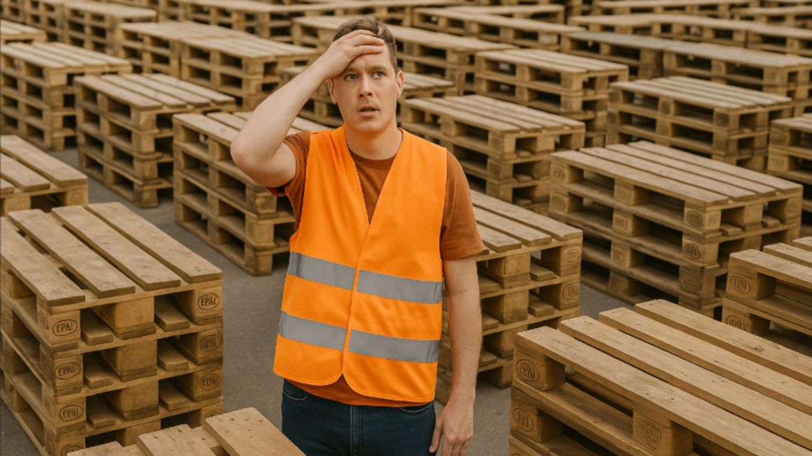 Homme se tenant le front au milieu d'un parc de palettes europe 